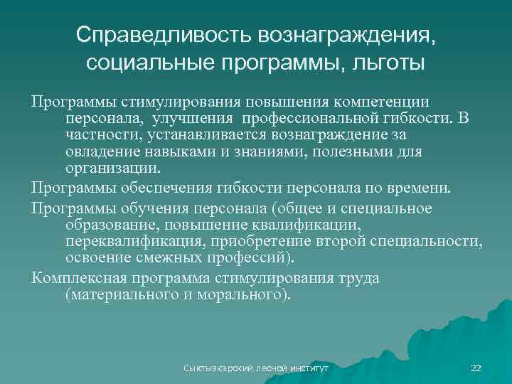 Справедливость вознаграждения, социальные программы, льготы Программы стимулирования повышения компетенции персонала, улучшения профессиональной гибкости. В