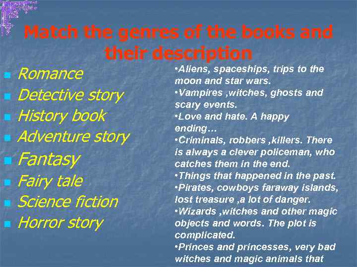 Match english with russian. Genres of books презентация. Types of books Genres. Book Genres in English. Kinds of books Vocabulary.