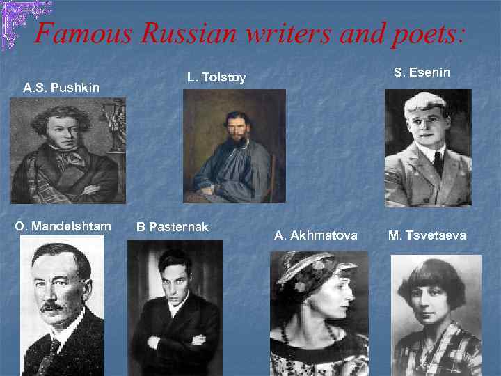 Famous Russian writers and poets: A. S. Pushkin O. Mandelshtam S. Esenin L. Tolstoy