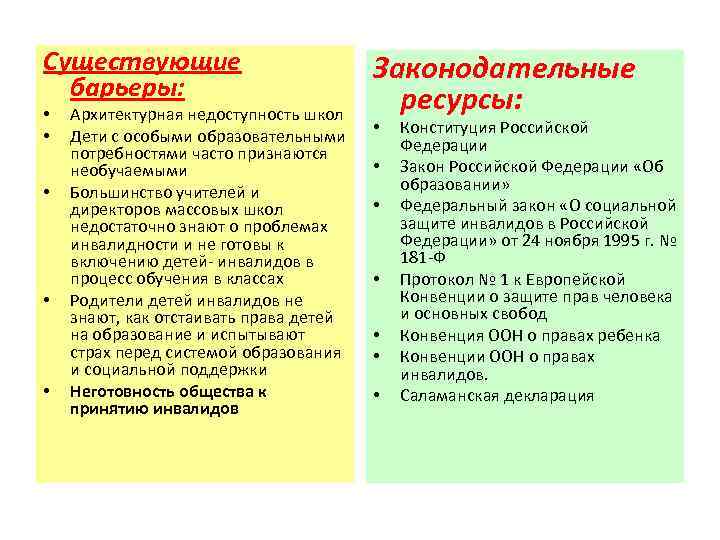 Существующие барьеры: • • • Архитектурная недоступность школ Дети с особыми образовательными потребностями часто