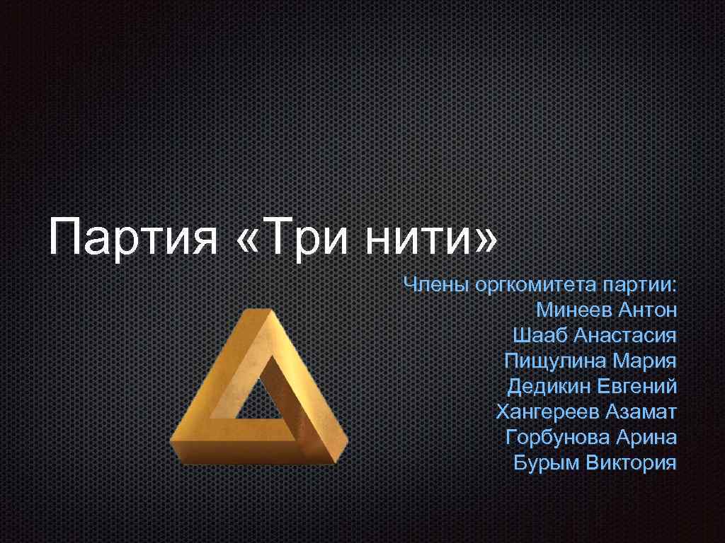 Партия «Три нити» Члены оргкомитета партии: Минеев Антон Шааб Анастасия Пищулина Мария Дедикин Евгений