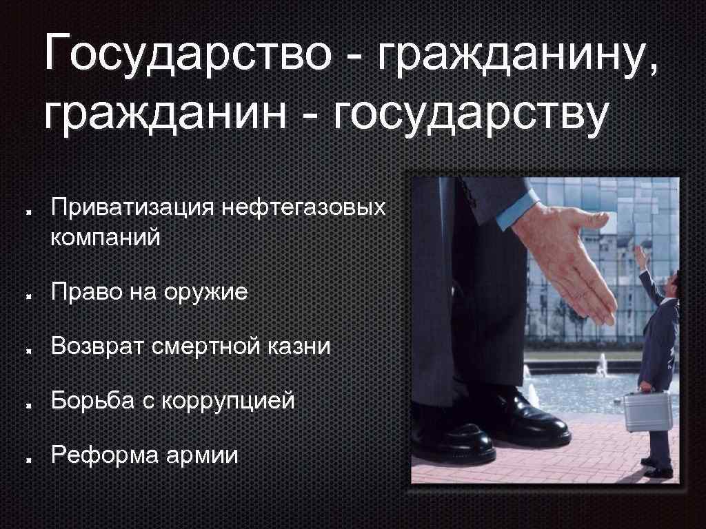 Государство - гражданину, гражданин - государству Приватизация нефтегазовых компаний Право на оружие Возврат смертной