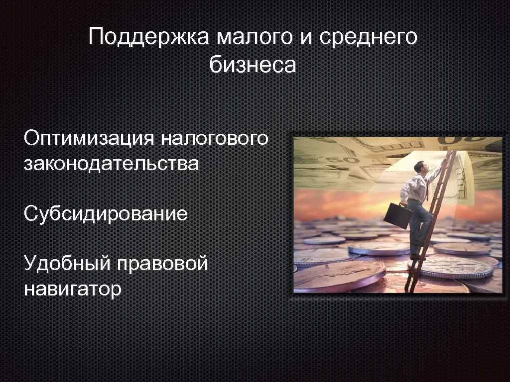 Поддержка малого и среднего бизнеса Оптимизация налогового законодательства Субсидирование Удобный правовой навигатор 