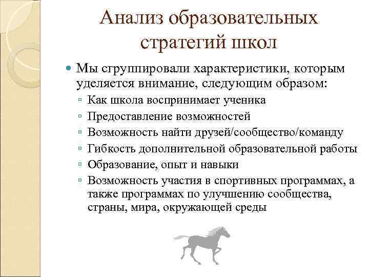 Анализ образовательных стратегий школ Мы сгруппировали характеристики, которым уделяется внимание, следующим образом: ◦ ◦
