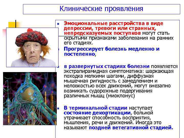 Клинические проявления n n Эмоциональные расстройства в виде депрессии, тревоги или странных, непредсказуемых поступков