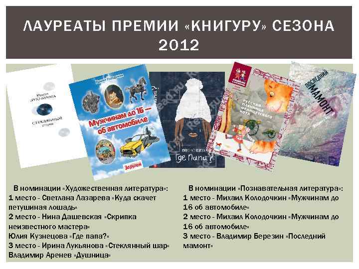 ЛАУРЕАТЫ ПРЕМИИ «КНИГУРУ» СЕЗОНА 2012 В номинации «Художественная литература» : 1 место - Светлана