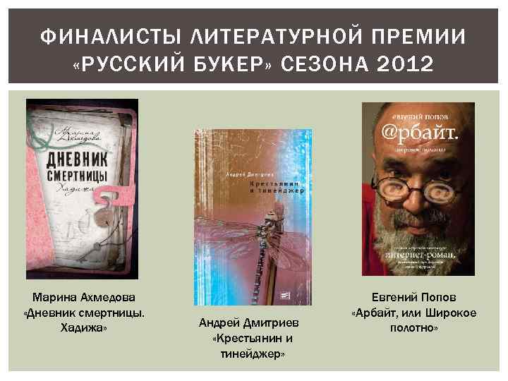 ФИНАЛИСТЫ ЛИТЕРАТУРНОЙ ПРЕМИИ «РУССКИЙ БУКЕР» СЕЗОНА 2012 Марина Ахмедова «Дневник смертницы. Хадижа» Андрей Дмитриев