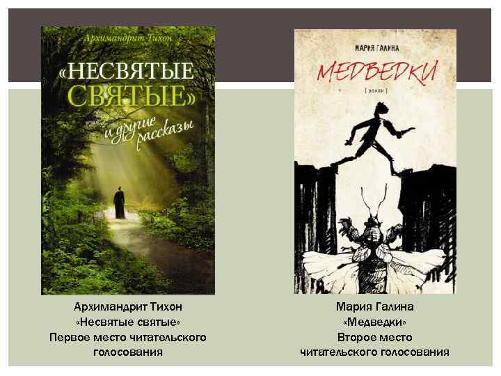 Архимандрит Тихон «Несвятые» Первое место читательского голосования Мария Галина «Медведки» Второе место читательского голосования