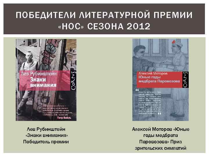 ПОБЕДИТЕЛИ ЛИТЕРАТУРНОЙ ПРЕМИИ «НОС» СЕЗОНА 2012 Лев Рубинштейн «Знаки внимания» Победитель премии Алексей Моторов