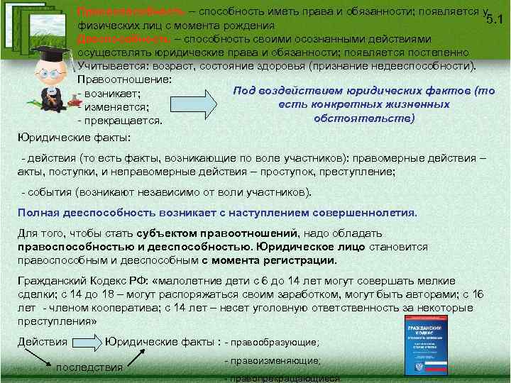 Правоспособность – способность иметь права и обязанности; появляется у 5. 1 физических лиц с