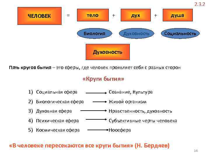 2. 3. 2 ЧЕЛОВЕК тело = дух + Биология Духовность душа + Социальность Духовность