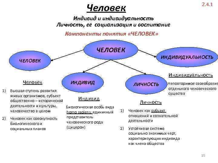 Человек 2. 4. 1 Индивид и индивидуальность Личность, ее социализация и воспитание Компоненты понятия