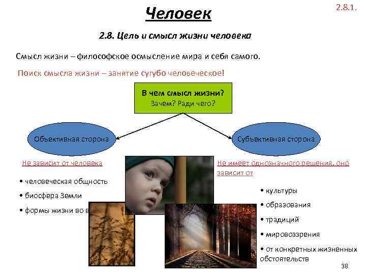 Человек 2. 8. 1. 2. 8. Цель и смысл жизни человека Смысл жизни –