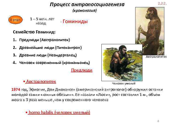 Процесс антропосоциогенеза 2. 2. 2. (хронология) I этап 1 – 5 млн. лет назад