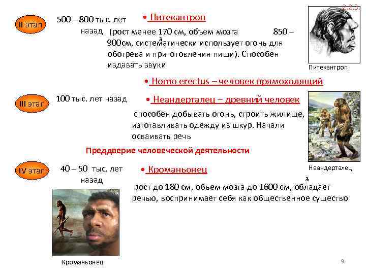 II этап 2. 2. 3. • Питекантроп 500 – 800 тыс. лет назад (рост