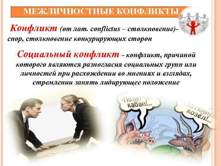 МЕЖЛИЧНОСТНЫЕ КОНФЛИКТЫ Конфликт (от лат. conflictus – столкновение)спор, столкновение конкурирующих сторон Социальный конфликт -
