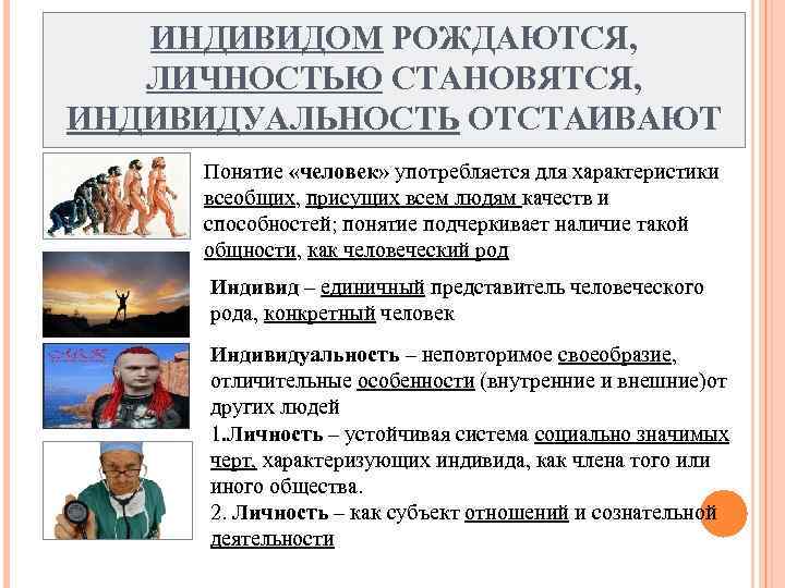 ИНДИВИДОМ РОЖДАЮТСЯ, ЛИЧНОСТЬЮ СТАНОВЯТСЯ, ИНДИВИДУАЛЬНОСТЬ ОТСТАИВАЮТ Понятие «человек» употребляется для характеристики всеобщих, присущих всем