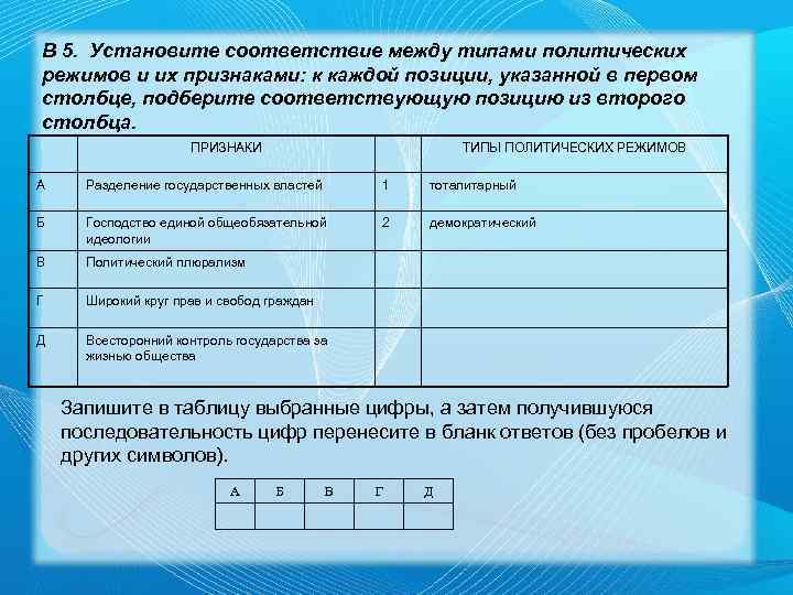 В 5. Установите соответствие между типами политических режимов и их признаками: к каждой позиции,