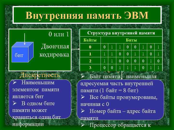 Внутренняя память ЭВМ 0 или 1 Двоичная кодировка Структура внутренней памяти Байты Биты 0
