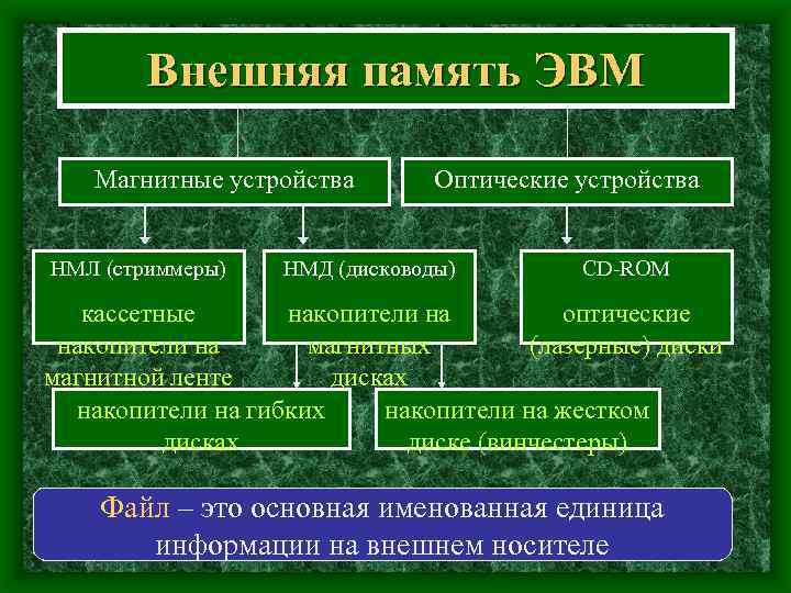 Внешняя память ЭВМ Магнитные устройства НМЛ (стриммеры) Оптические устройства НМД (дисководы) CD-ROM кассетные накопители