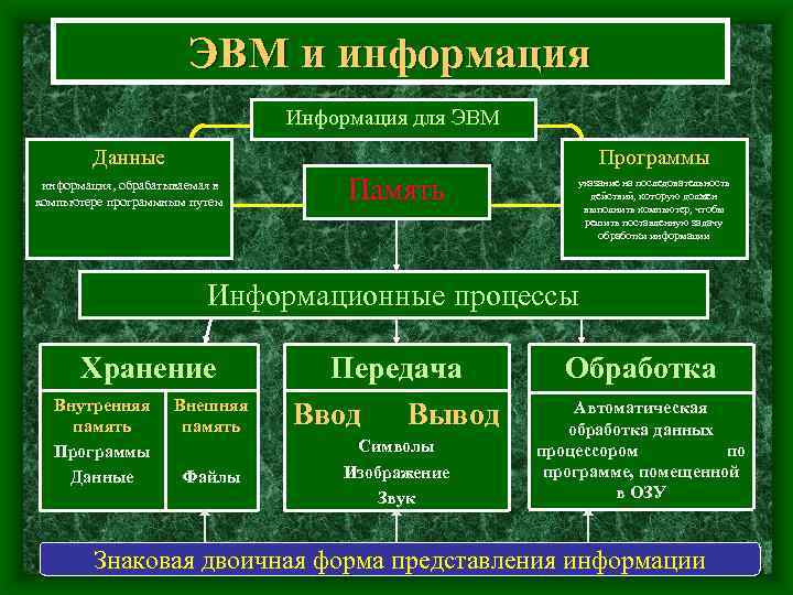 ЭВМ и информация Информация для ЭВМ Данные Программы информация, обрабатываемая в компьютере программным путем