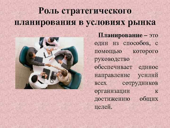 Роль стратегического планирования в условиях рынка Планирование – это один из способов, с помощью