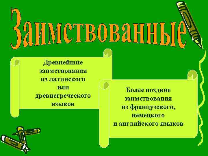 Древнейшие заимствования из латинского или древнегреческого языков Более поздние заимствования из французского, немецкого и