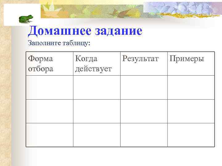 Домашнее задание Заполните таблицу: Форма отбора Когда действует Результат Примеры 