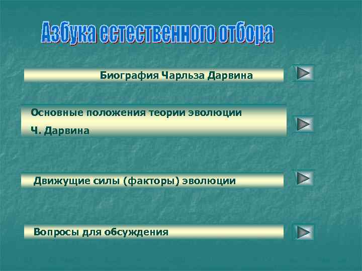 Биография Чарльза Дарвина Основные положения теории эволюции Ч. Дарвина Движущие силы (факторы) эволюции Вопросы