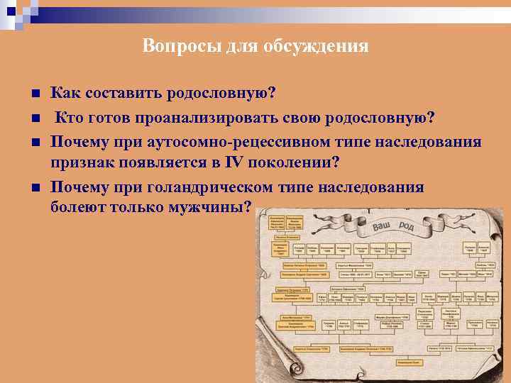 Вопросы для обсуждения n n Как составить родословную? Кто готов проанализировать свою родословную? Почему