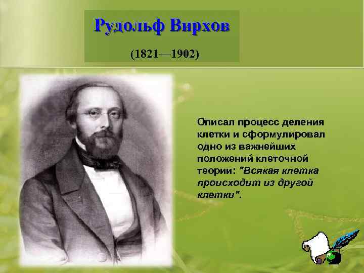 Рудольф Вирхов (1821— 1902) Описал процесс деления клетки и сформулировал одно из важнейших положений