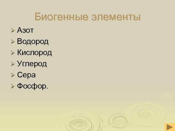 Биогенные элементы Ø Азот Ø Водород Ø Кислород Ø Углерод Ø Сера Ø Фосфор.