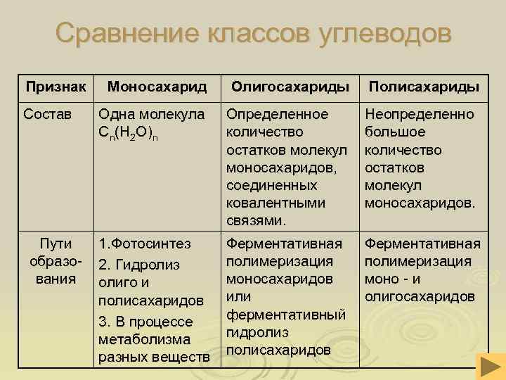 Сравнение классов углеводов Признак Состав Пути образования Моносахарид Олигосахариды Полисахариды Одна молекула Сn(H 2
