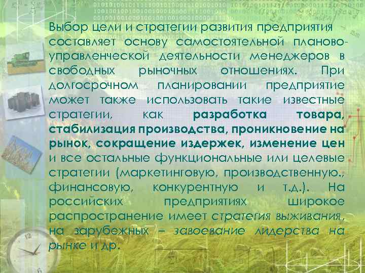 Выбор цели и стратегии развития предприятия составляет основу самостоятельной плановоуправленческой деятельности менеджеров в свободных