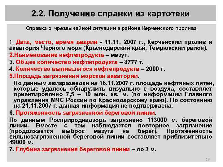 2. 2. Получение справки из картотеки Справка о чрезвычайной ситуации в районе Керченского пролива