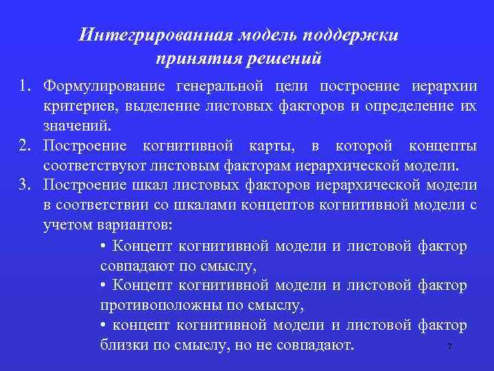 Интегрированная модель поддержки принятия решений 1. Формулирование генеральной цели построение иерархии критериев, выделение листовых