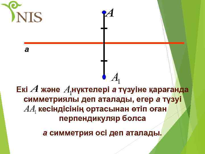 а Екі және нүктелері а түзуіне қарағанда симметриялы деп аталады, егер а түзуі кесіндісінің