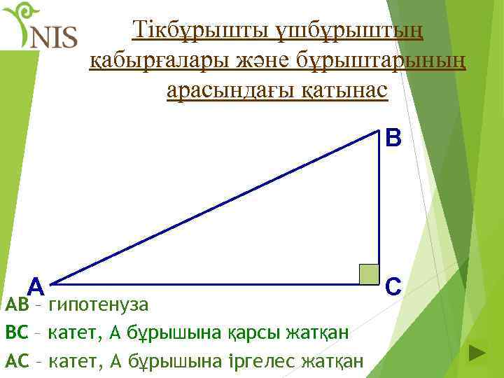 Тікбұрышты үшбұрыштың қабырғалары және бұрыштарының арасындағы қатынас В А АВ – гипотенуза ВС –