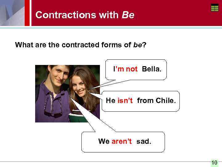 Contractions with Be What are the contracted forms of be? II’m not Bella. am