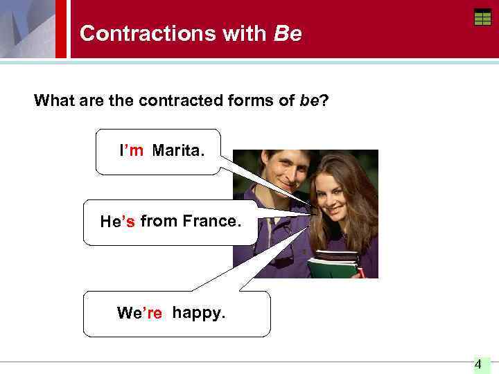 Contractions with Be What are the contracted forms of be? I I’m Marita. am