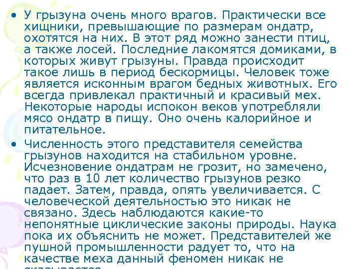  • У грызуна очень много врагов. Практически все хищники, превышающие по размерам ондатр,
