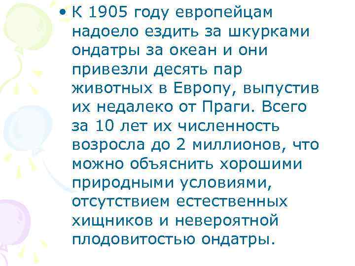  • К 1905 году европейцам надоело ездить за шкурками ондатры за океан и