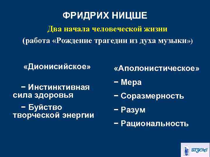 ФРИДРИХ НИЦШЕ Два начала человеческой жизни (работа «Рождение трагедии из духа музыки» ) «Дионисийское»