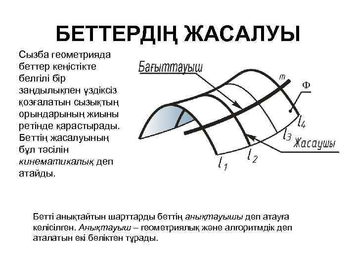 БЕТТЕРДІҢ ЖАСАЛУЫ Сызба геометрияда беттер кеңістікте белгілі бір заңдылықпен үздіксіз қозғалатын сызықтың орындарының жиыны
