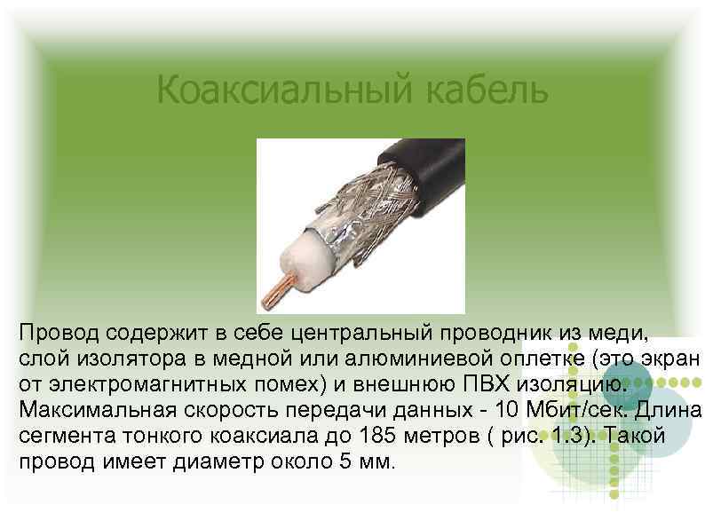 Коаксиальный кабель Провод содержит в себе центральный проводник из меди, слой изолятора в медной