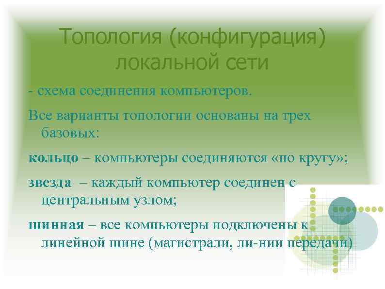Топология (конфигурация) локальной сети схема соединения компьютеров. Все варианты топологии основаны на трех базовых: