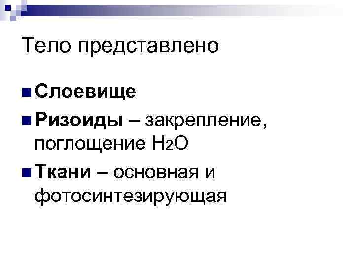 Тело представлено n Слоевище n Ризоиды – закрепление, поглощение Н 2 О n Ткани