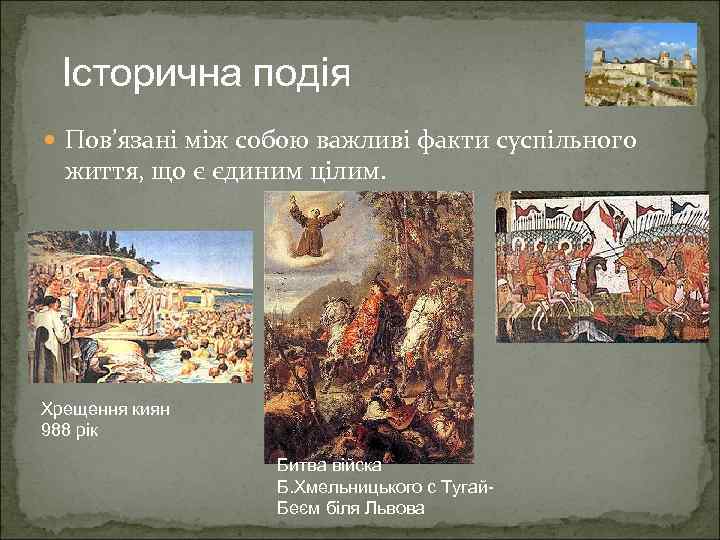 Історична подія Пов’язані між собою важливі факти суспільного життя, що є єдиним цілим. Хрещення