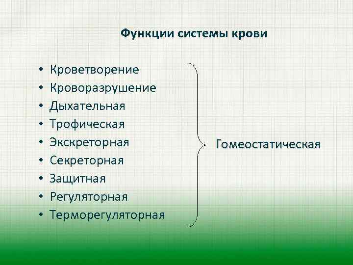  Функции системы крови • Кроветворение • Кроворазрушение • Дыхательная • Трофическая • Экскреторная