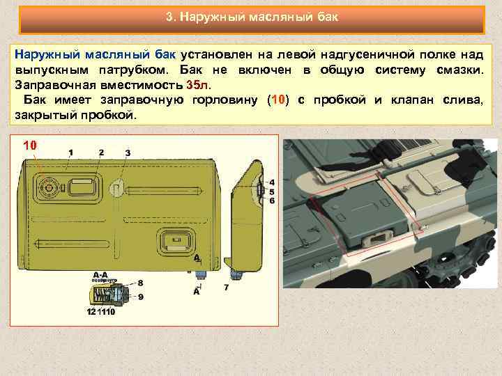 3. Наружный масляный бак установлен на левой надгусеничной полке над выпускным патрубком. Бак не